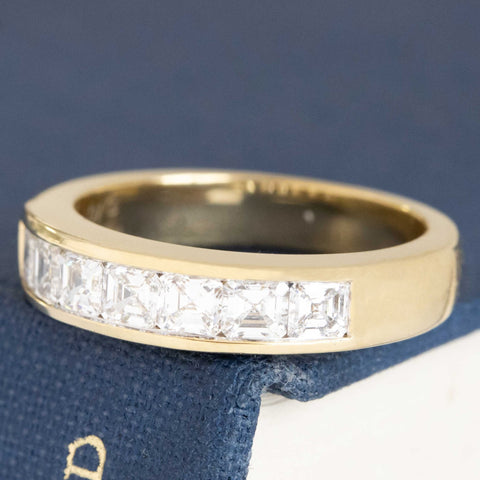 Antique lovers’ .89ctw Asscher Cut Diamond Channel Band in yellow gold, featuring rare Earth-mined Antique Diamonds
