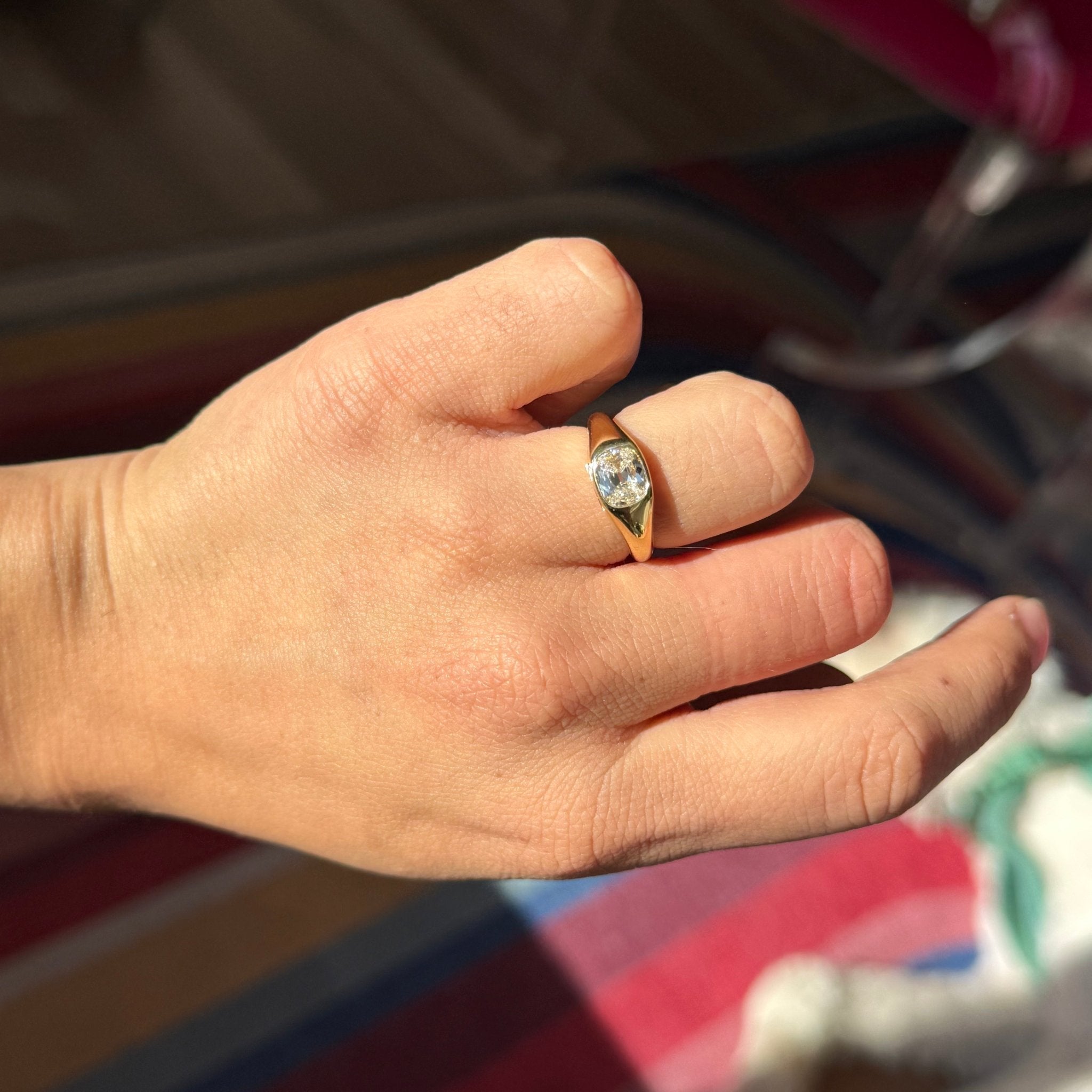 .90ct Elongated Mine Cut Diamond Bezel Ring, GIA F I1