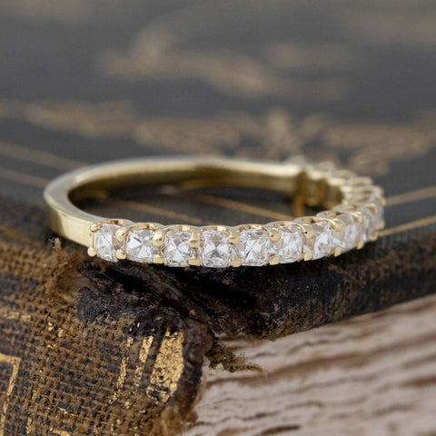 Historic style .90ctw Petite Old Mine Cut Diamond Half-Eternity Band wedding band with Old Mine Cut Diamonds, unique heirloom in yellow gold