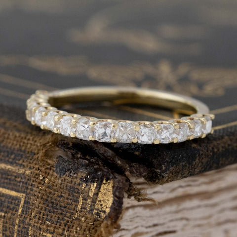 Antique lovers’ .90ctw Petite Old Mine Cut Diamond Half-Eternity Band in yellow gold, featuring rare Earth-mined Old Mine Cut Diamonds