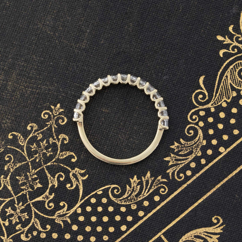 Side view of .90ctw Petite Old Mine Cut Diamond Half-Eternity Band, vintage-inspired band with Old Mine Cut Diamonds, crafted in yellow gold