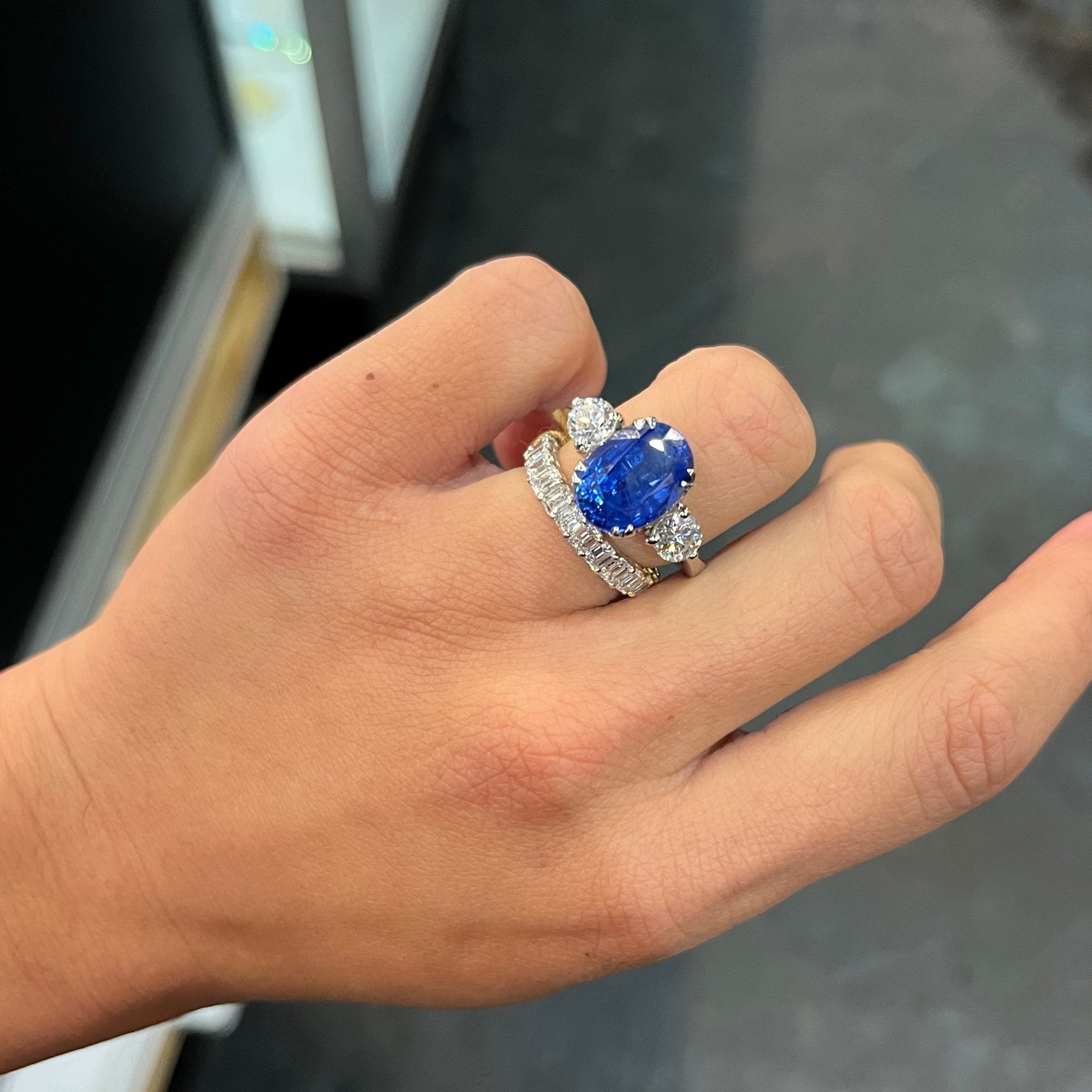 9.44ctw Vintage Diamond & Ceylon Sapphire Trilogy Ring