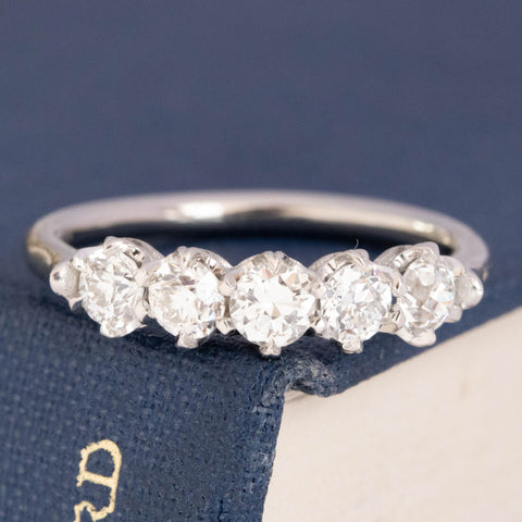 .94ctw Petite Old European Cut Diamond 5-Stone Band with Old European Cut Diamonds in platinum, antique-inspired one-of-a-kind wedding band