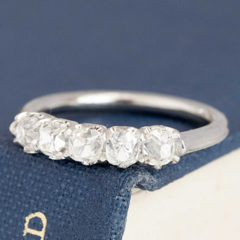 Antique lovers’ .94ctw Petite Old Mine Cut Diamond 5-Stone Band in platinum, featuring rare Earth-mined Old Mine Cut Diamonds
