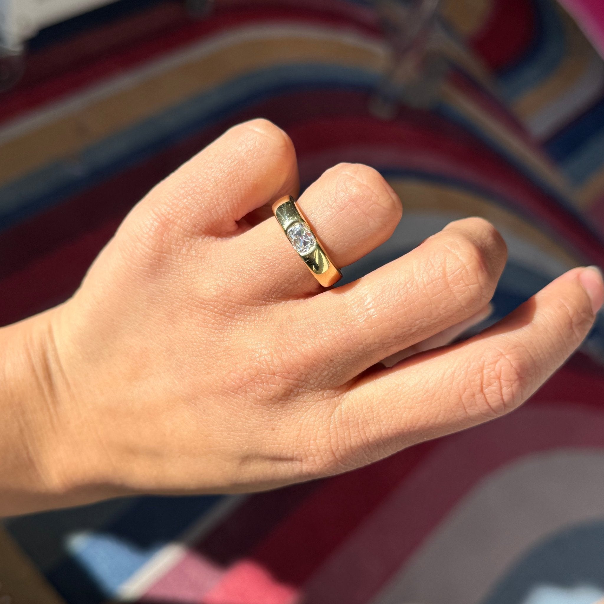 .95ct Elongated Old Mine Cut Diamond Flush Set Ring, GIA F VS2