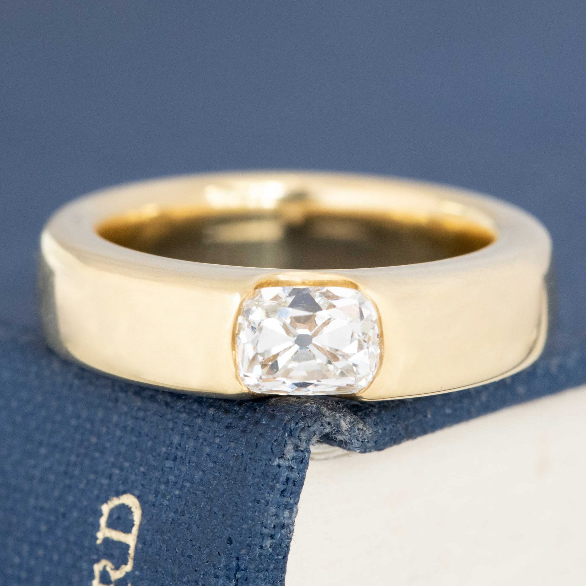 .95ct Elongated Old Mine Cut Diamond Flush Set Ring, GIA F VS2