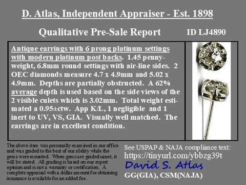 .95ctw Art Deco Old European Cut Diamond Stud Earrings