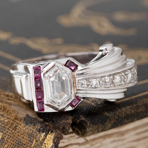 .95ctw Retro Revival Portrait Cut Diamond & Ruby Ring
