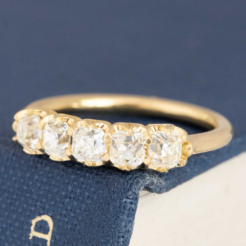 Antique lovers’ .95ctw Petite Old Mine Cut Diamond 5-Stone Band in yellow gold, featuring rare Earth-mined Old Mine Cut Diamonds