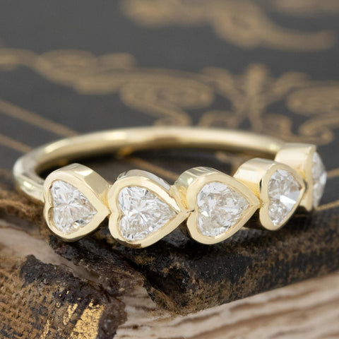 Historic style .96ctw Heart Cut Diamond Bezel 5-Stone Band wedding band with Antique Diamonds, unique heirloom in yellow gold