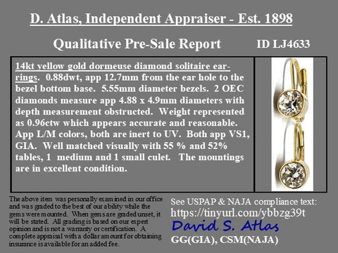 .96ctw Old European Cut Diamond Bezel Drop Earrings