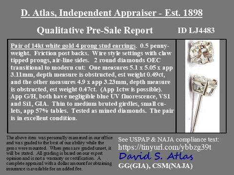 .96ctw Old European Cut Diamond Stud Earrings