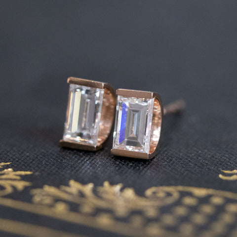 .98ctw Baguette Diamond Half-Moon Bezel Earrings, rose gold