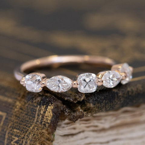 Historic style .98ctw Mixed Marquise & Old Mine Cut Diamond Band wedding band with Old Mine Cut Diamonds, unique heirloom in rose gold