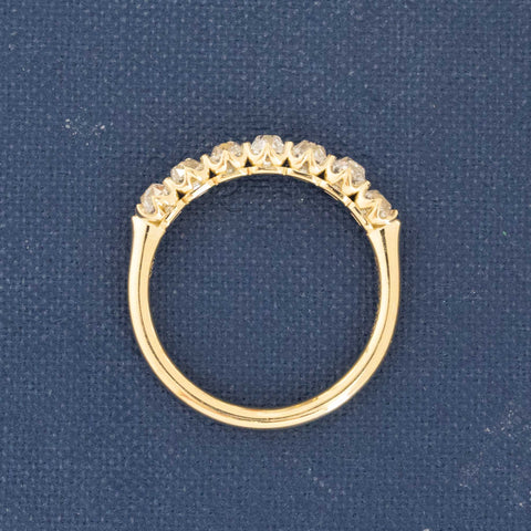 Side view of .99ctw Old Mine Cut Diamond 7-Stone Half-Hoop Band, vintage-inspired band with Old Mine Cut Diamonds, crafted in yellow gold
