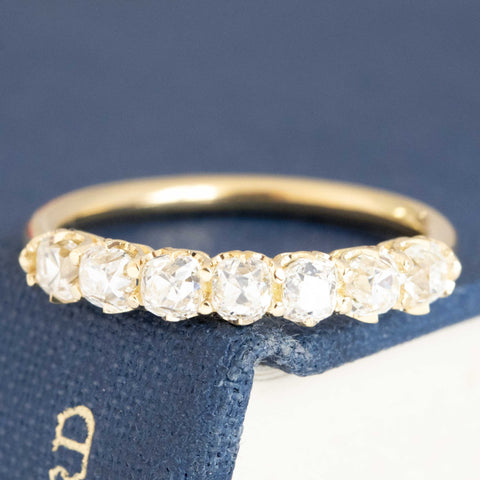 .99ctw Old Mine Cut Diamond 7-Stone Half-Hoop Band with Old Mine Cut Diamonds in yellow gold, antique-inspired one-of-a-kind wedding band
