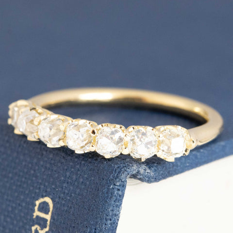 Antique lovers’ .99ctw Old Mine Cut Diamond 7-Stone Half-Hoop Band in yellow gold, featuring rare Earth-mined Old Mine Cut Diamonds