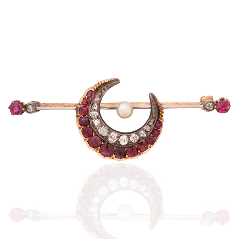 Victorian Diamond & Ruby Crescent Brooch