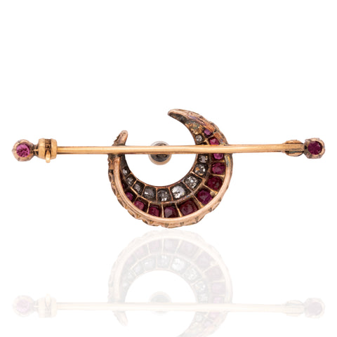 Victorian Diamond & Ruby Crescent Brooch