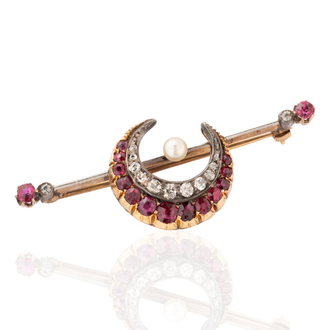 Victorian Diamond & Ruby Crescent Brooch
