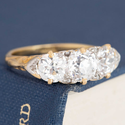 2.56ctw Antique Old Mine Cut Diamond 3-Stone Scroll Ring