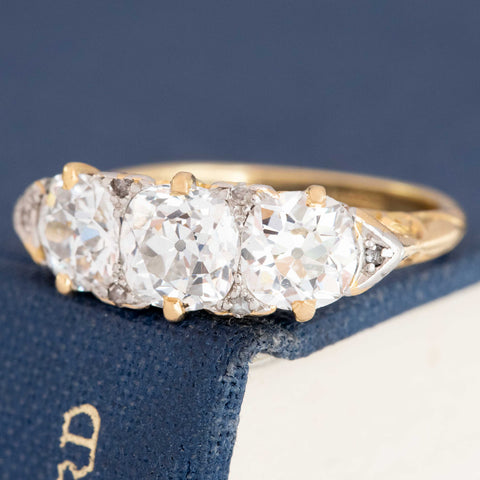 2.56ctw Antique Old Mine Cut Diamond 3-Stone Scroll Ring