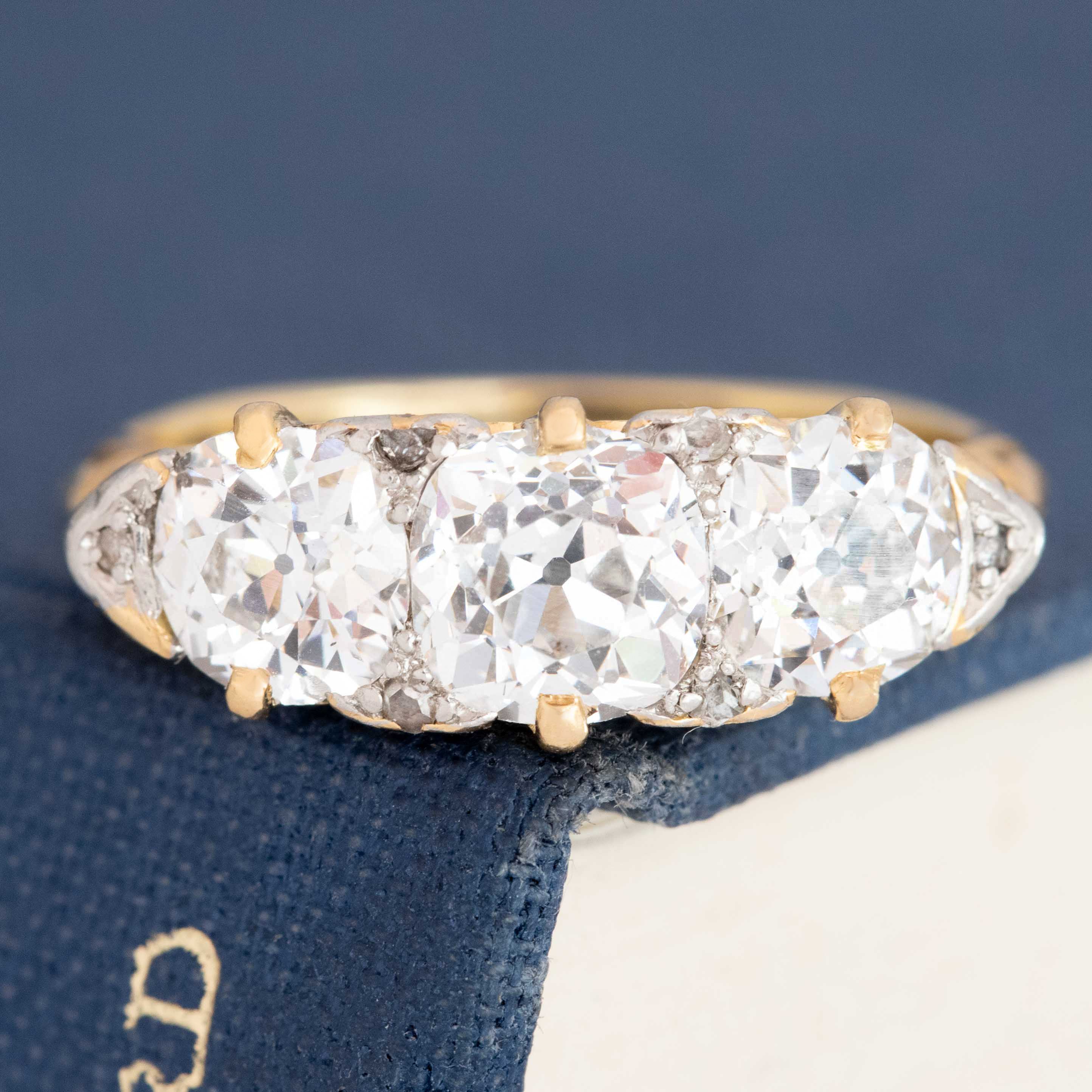 2.56ctw Antique Old Mine Cut Diamond 3-Stome Scroll Ring