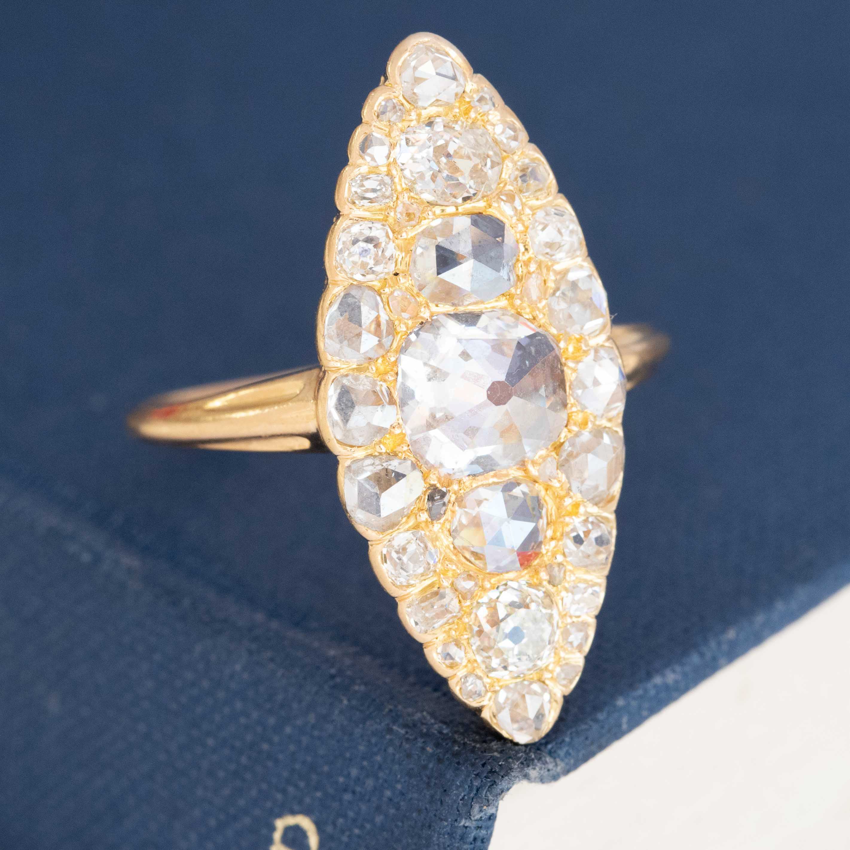 Unique vintage diamond ring with inverted center and ~2.58ctw in 18k yellow gold.