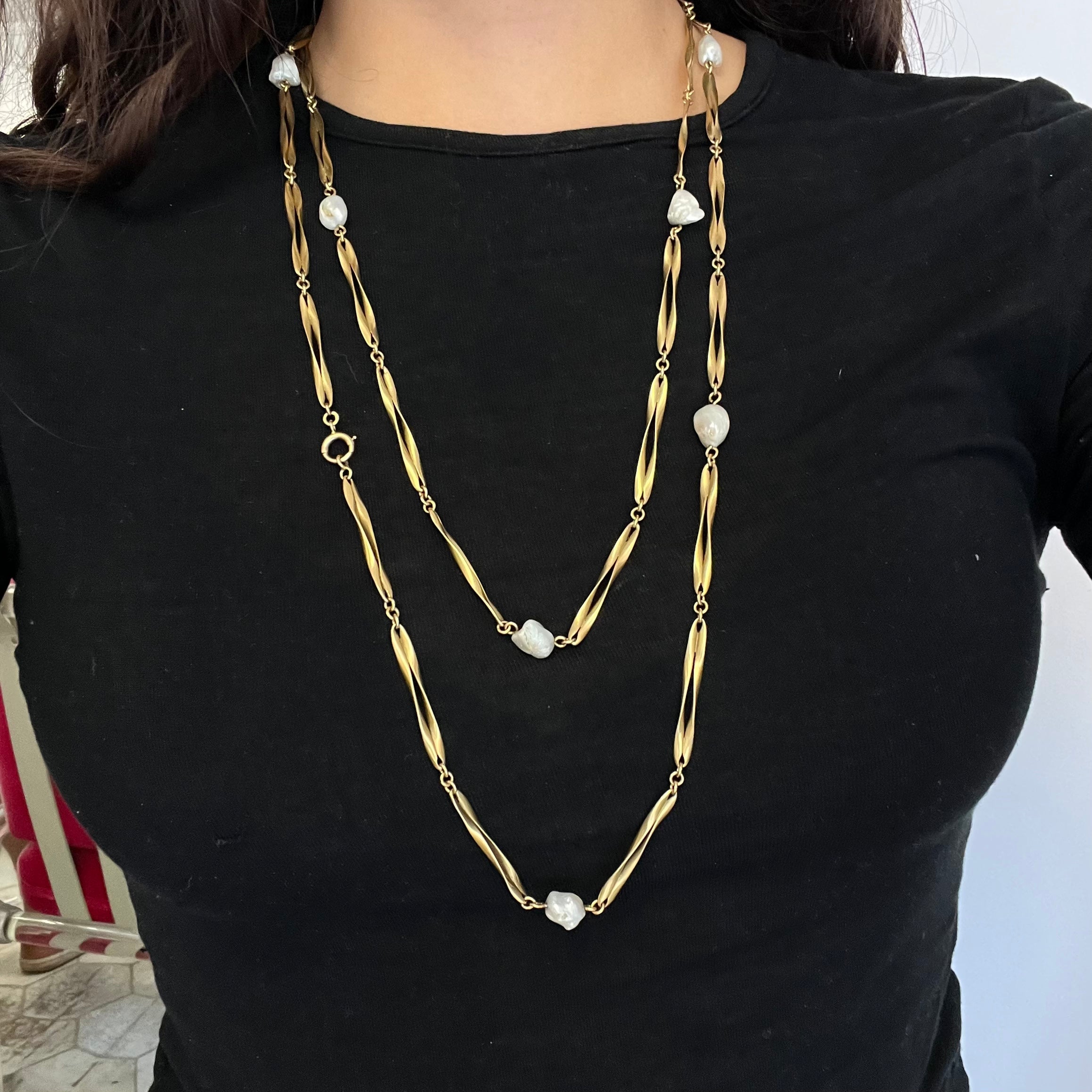 Vintage Gold & Baroque Pearl Long Chain, French