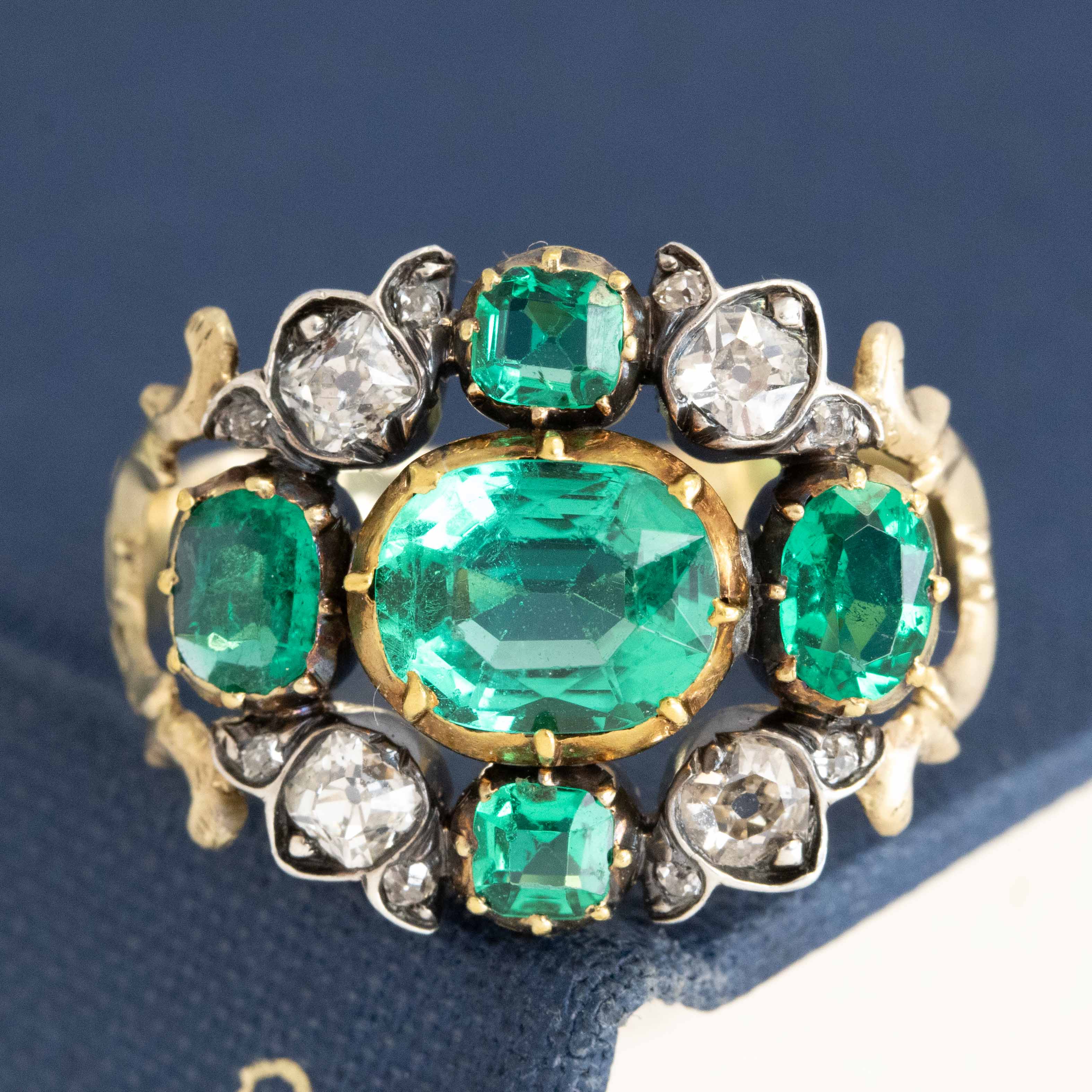 2.53ctw Georgian Diamond & Emerald Collet Cluster Ring