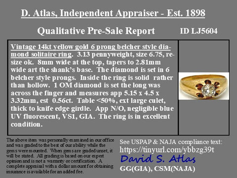 .56ct Vintage Old Mine Cut Diamond Belcher Solitaire