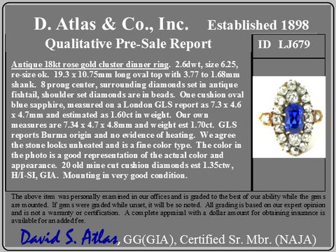 2.95ctw Antique Old Cut Diamond & Burmese No-Heat Sapphire Navette Ring