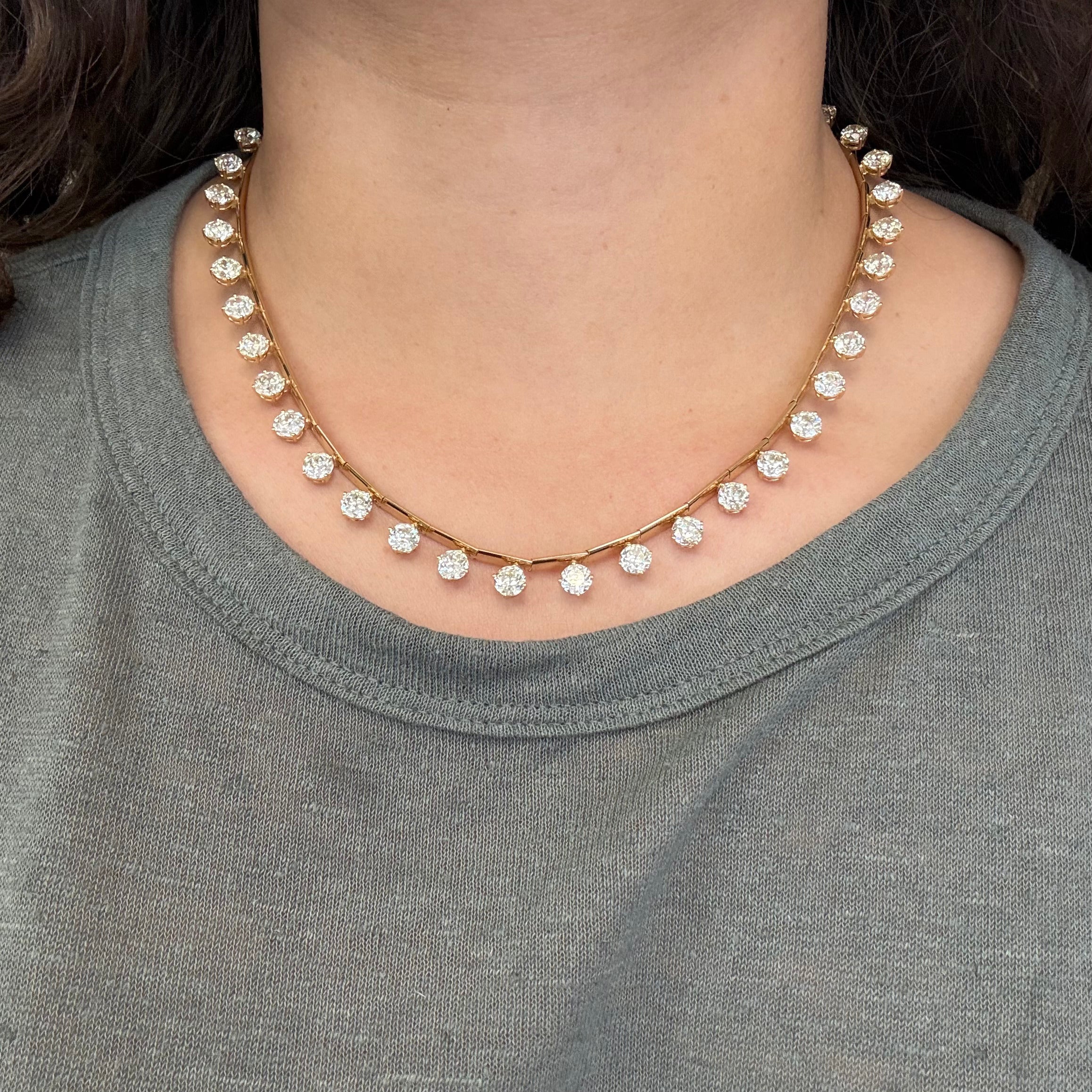 28.62ctw Old European Cut Diamon Bar Link Station Necklace