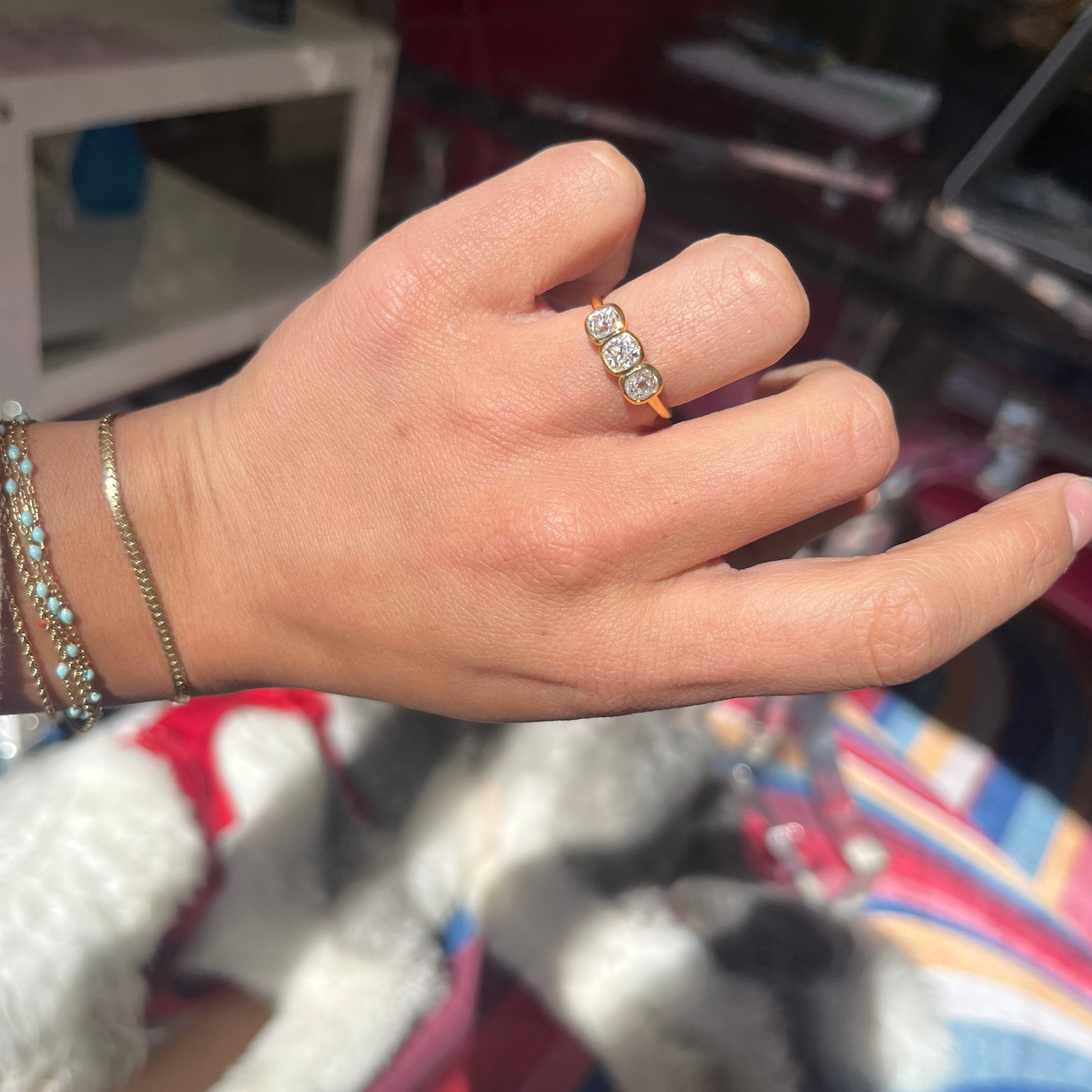 1.25ctw Old Mine Cut Diamond Bezel Trilogy Ring