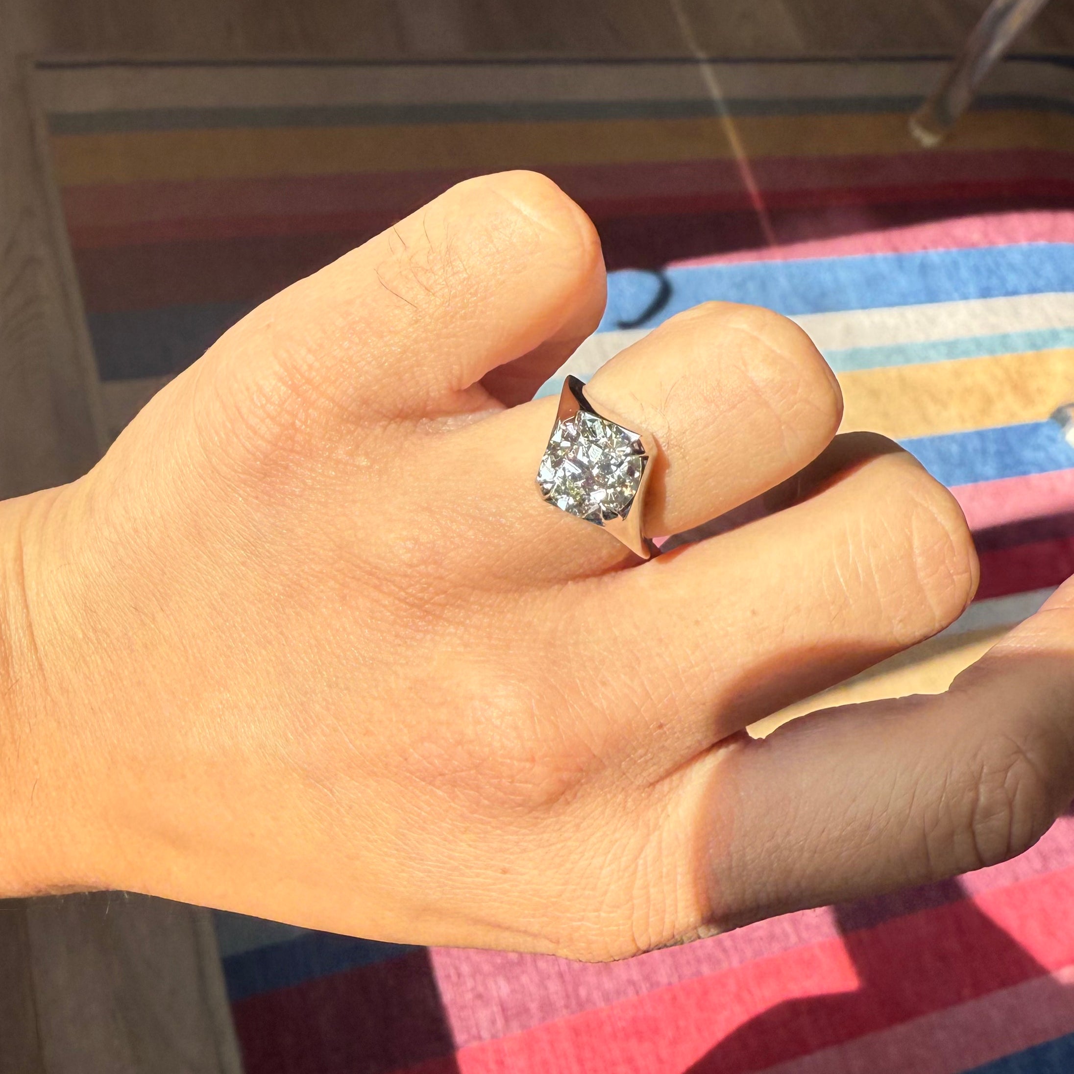 Vintage Old European Cut solitaire diamond, 3.21 carat shown on hand