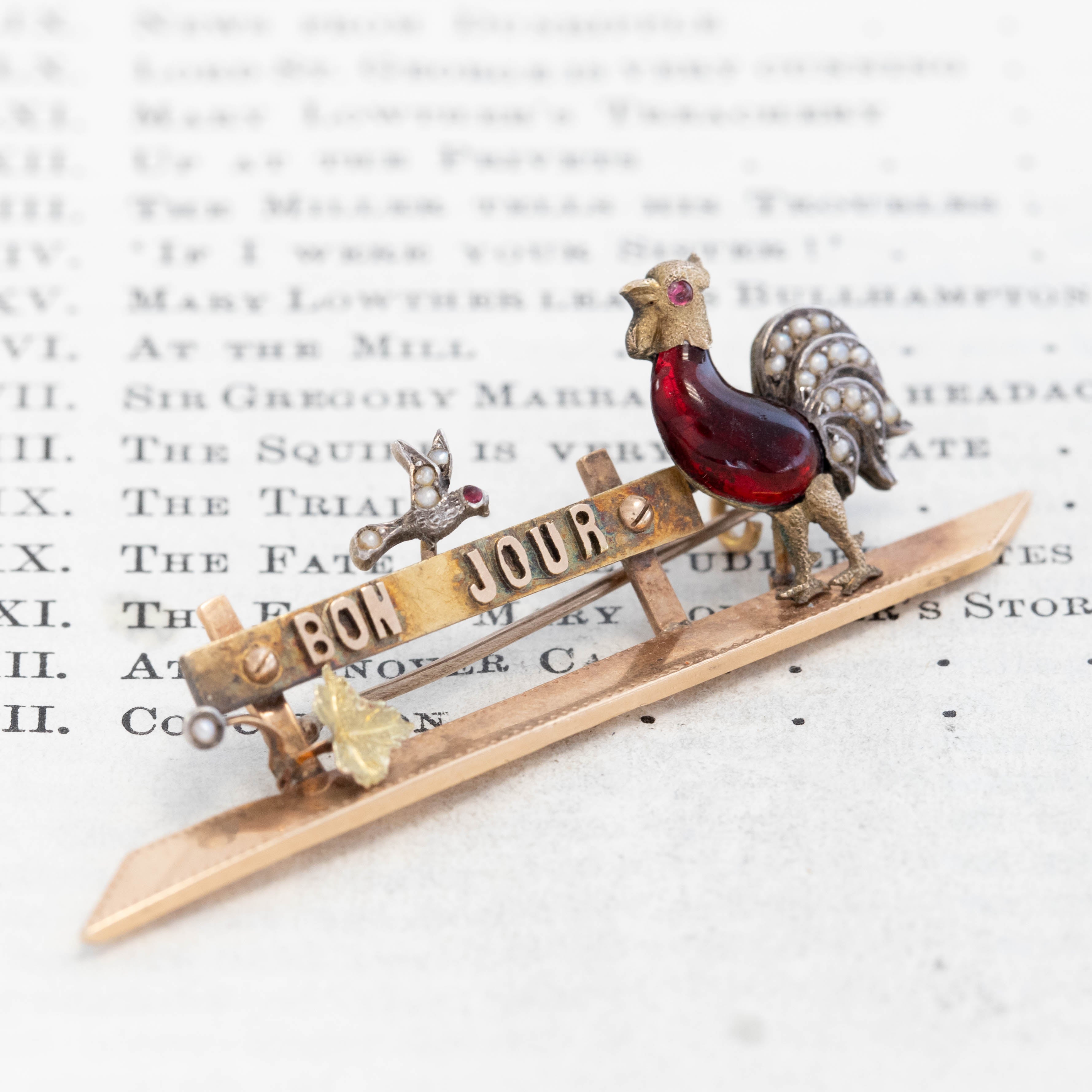 Antique "Bon Jour" Rooster Brooch