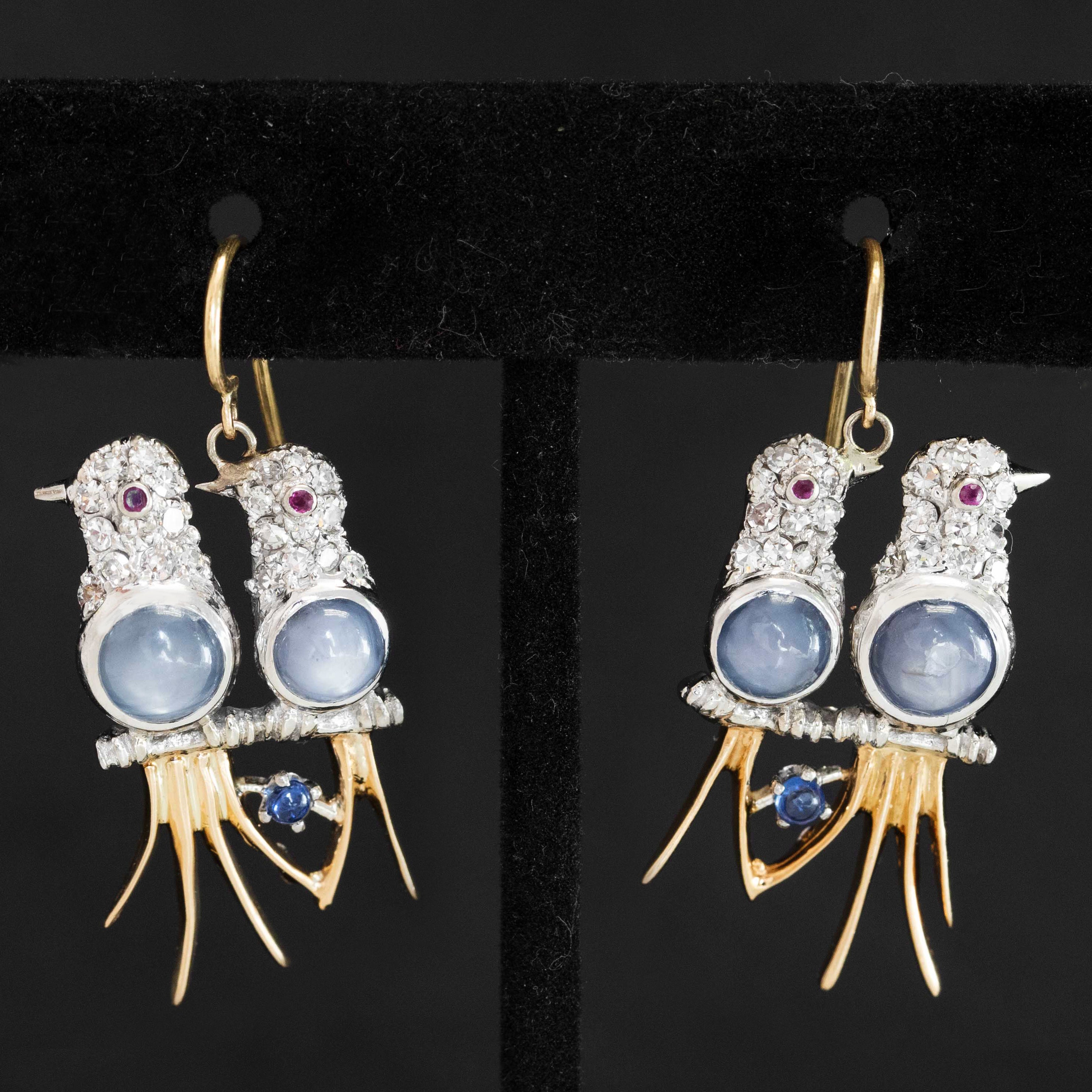 Vintage Diamond & Star Sapphire Lovebird Earrings