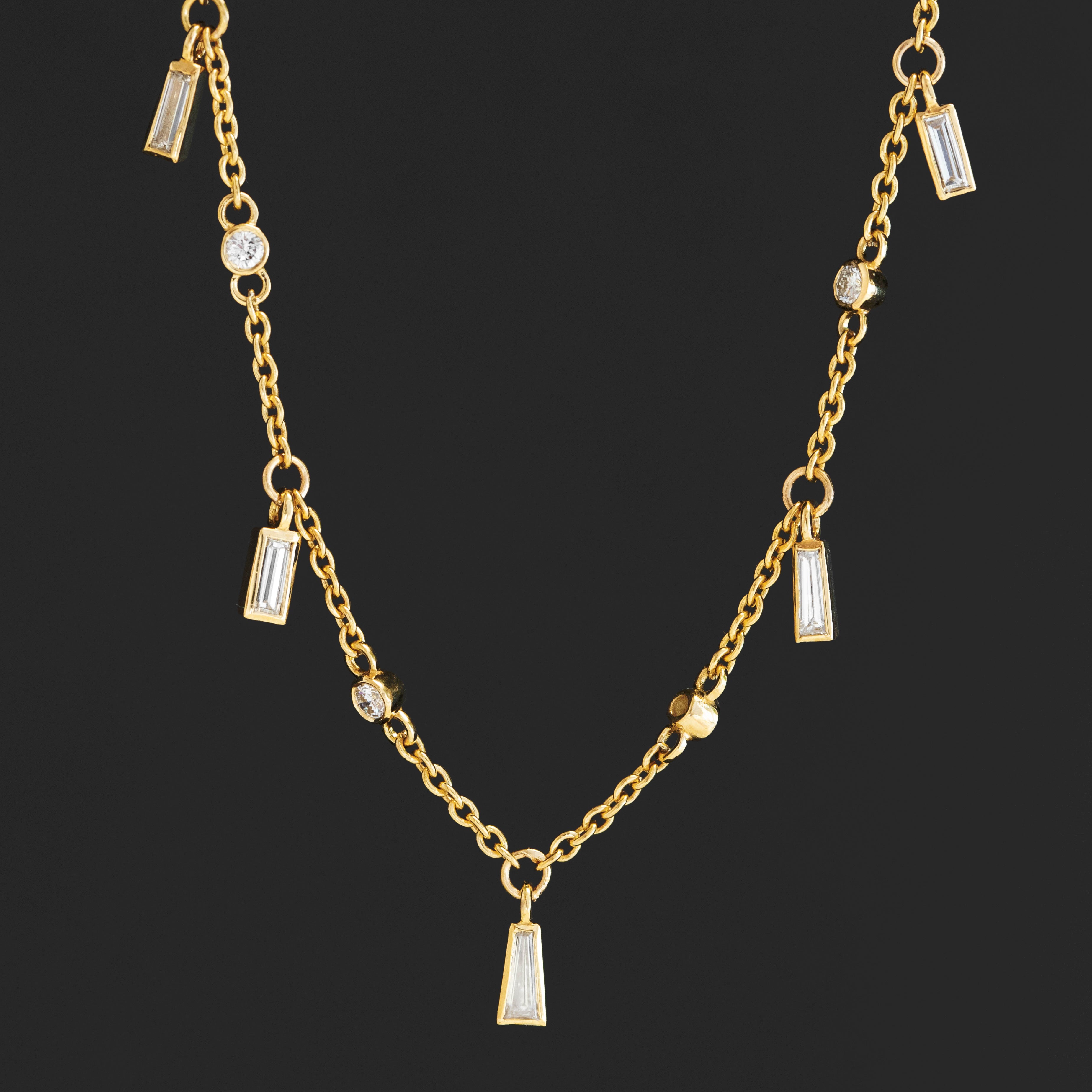 Baguette Cut Diamond Drop Station Necklace