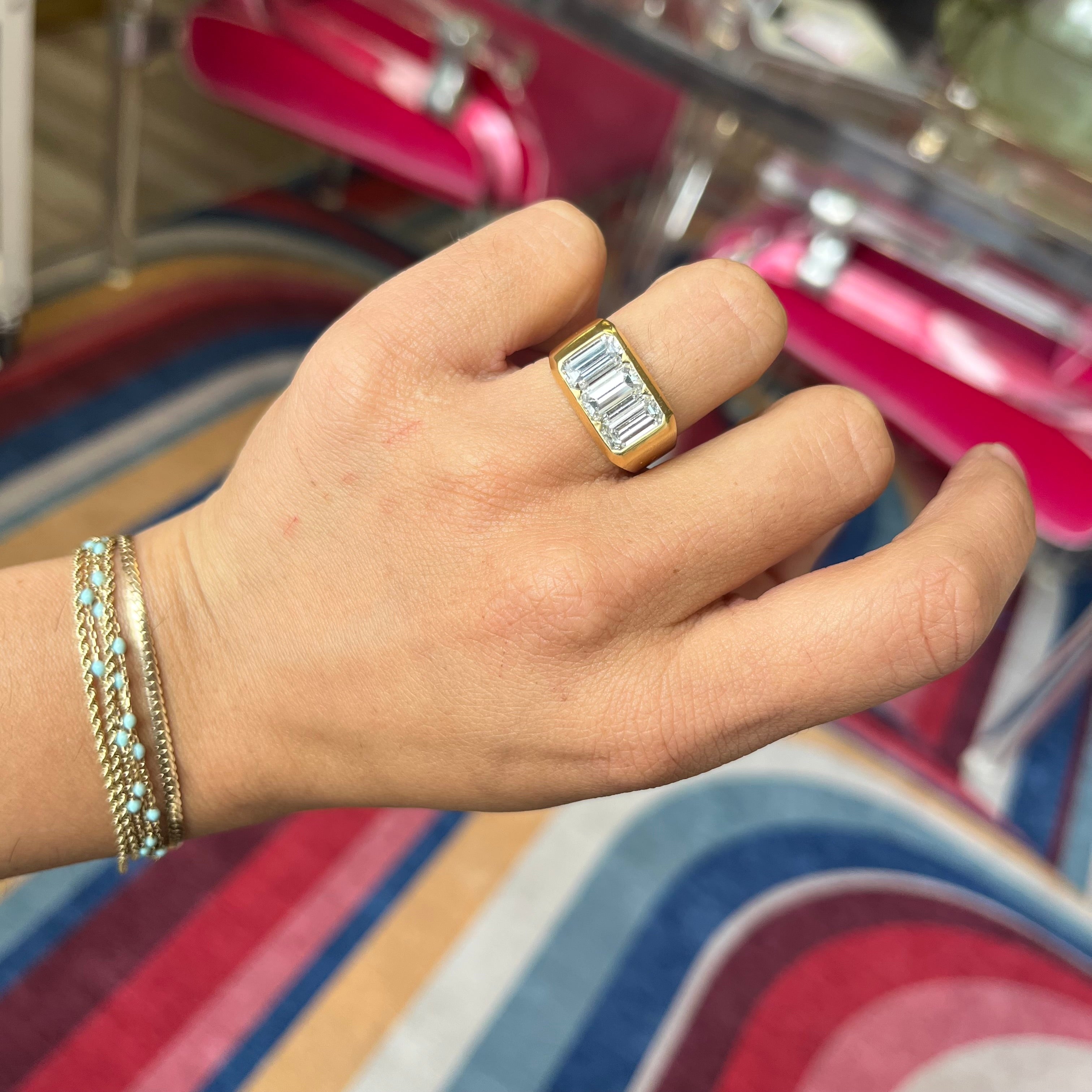 3.26ctw Vintage Emerald Cut Diamond Trilogy Ring