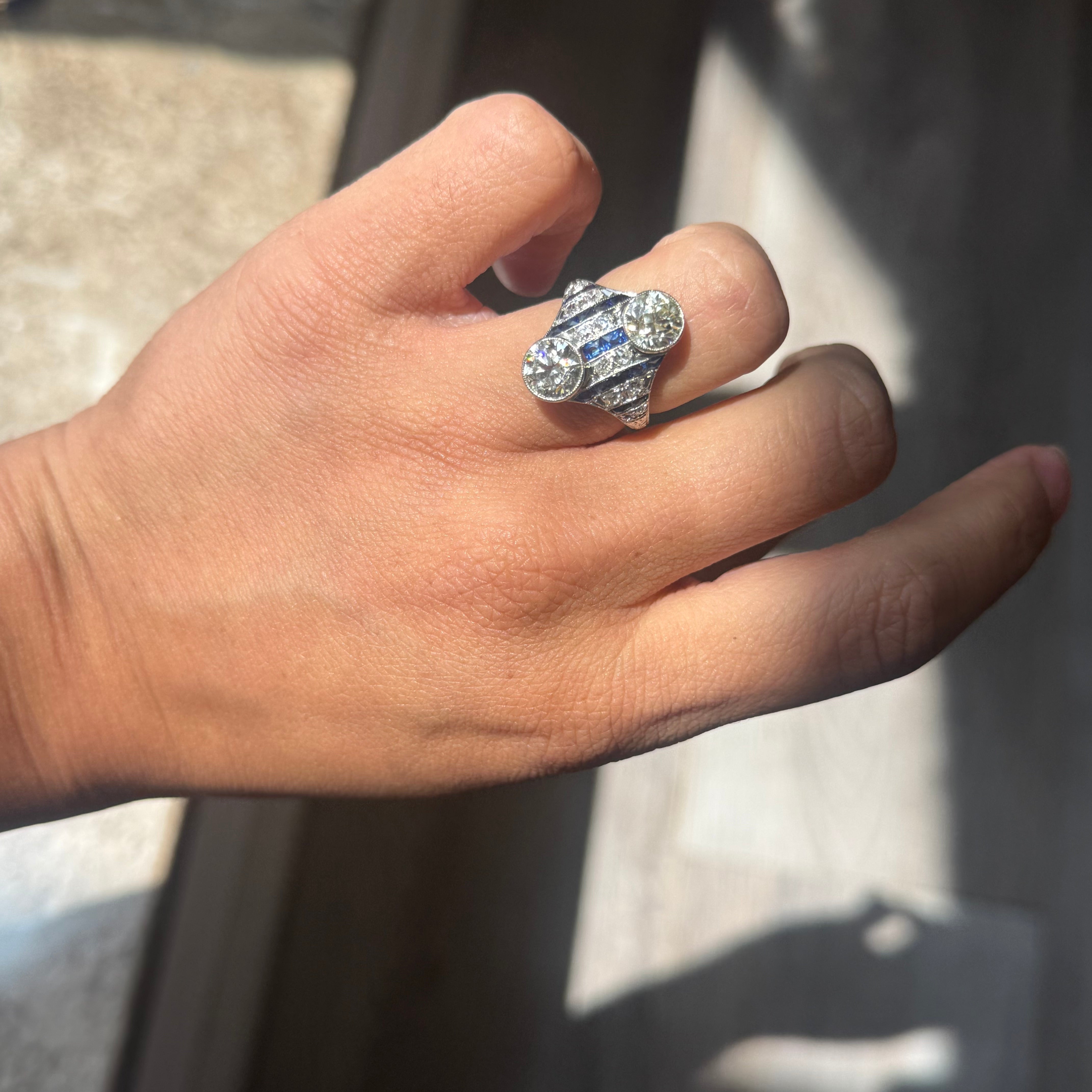 3.08ctw Edwardian Old European Cut Diamond & Sapphire Toi et Moi Ring