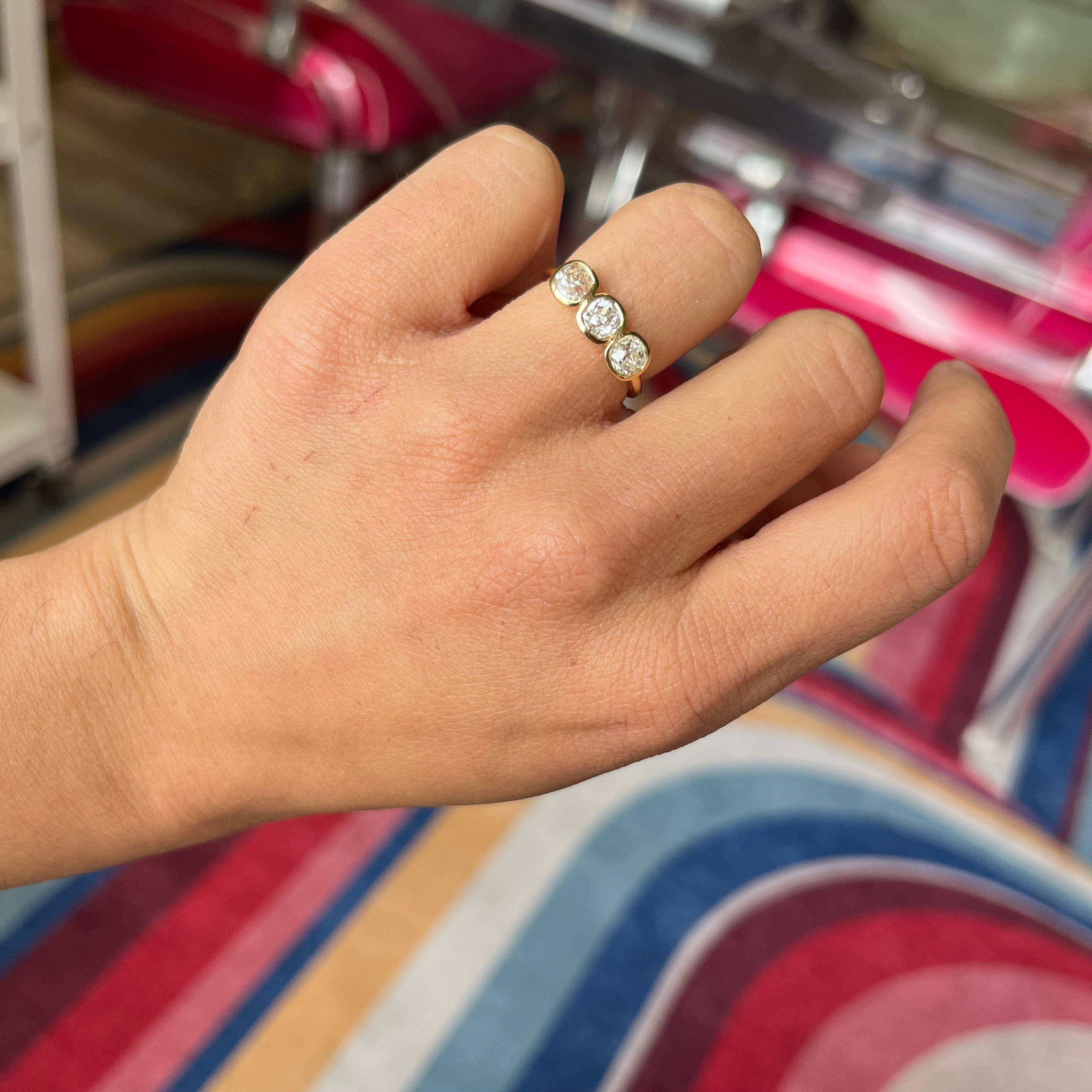 1.31ctw Old Mine Cut Diamond Bezel Trilogy Ring