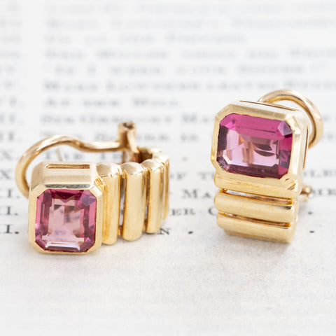 Vintage Pink Tourmaline Bezel Fluted Earrings, Italian