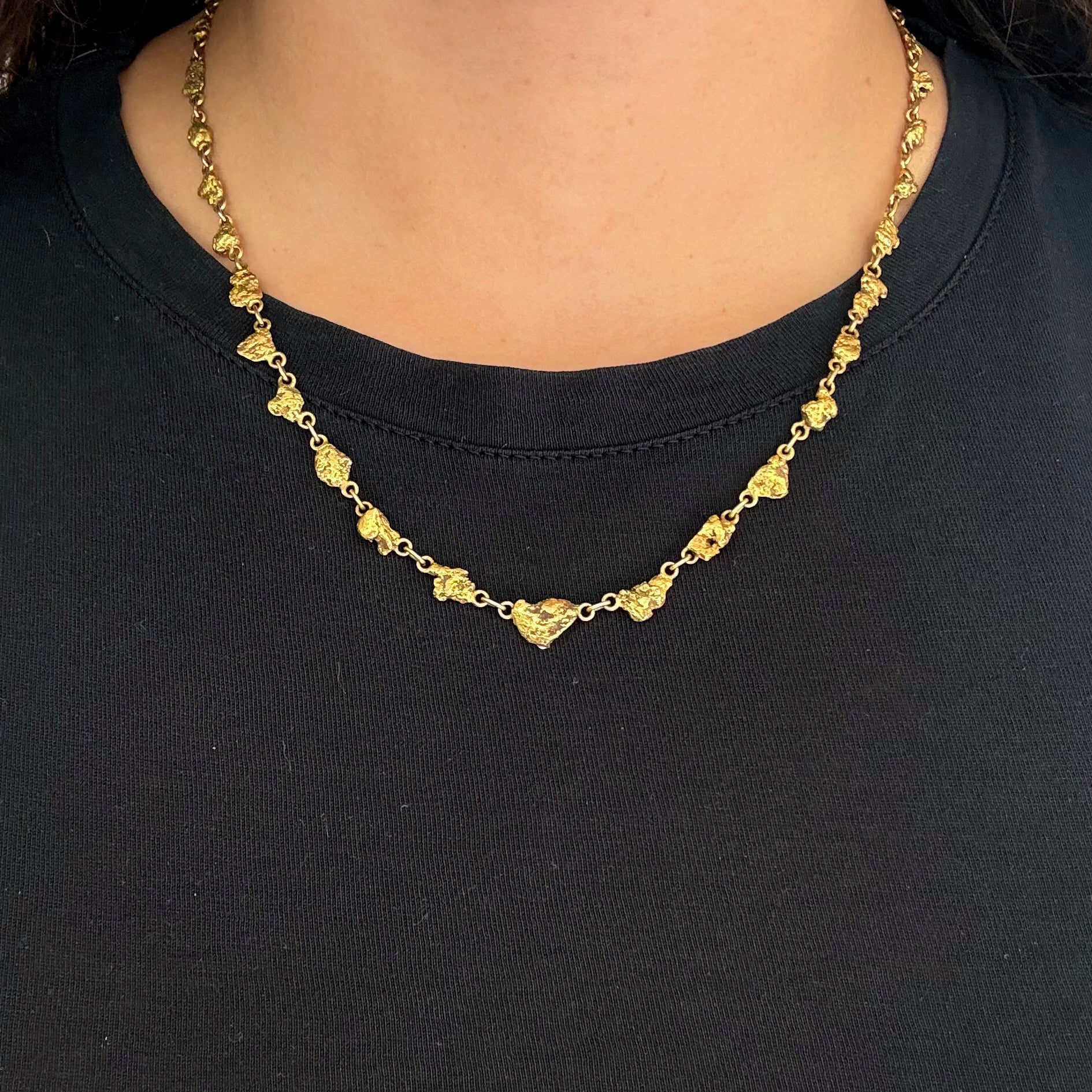 Raw gold nugget link necklace in yellow gold, organic texture