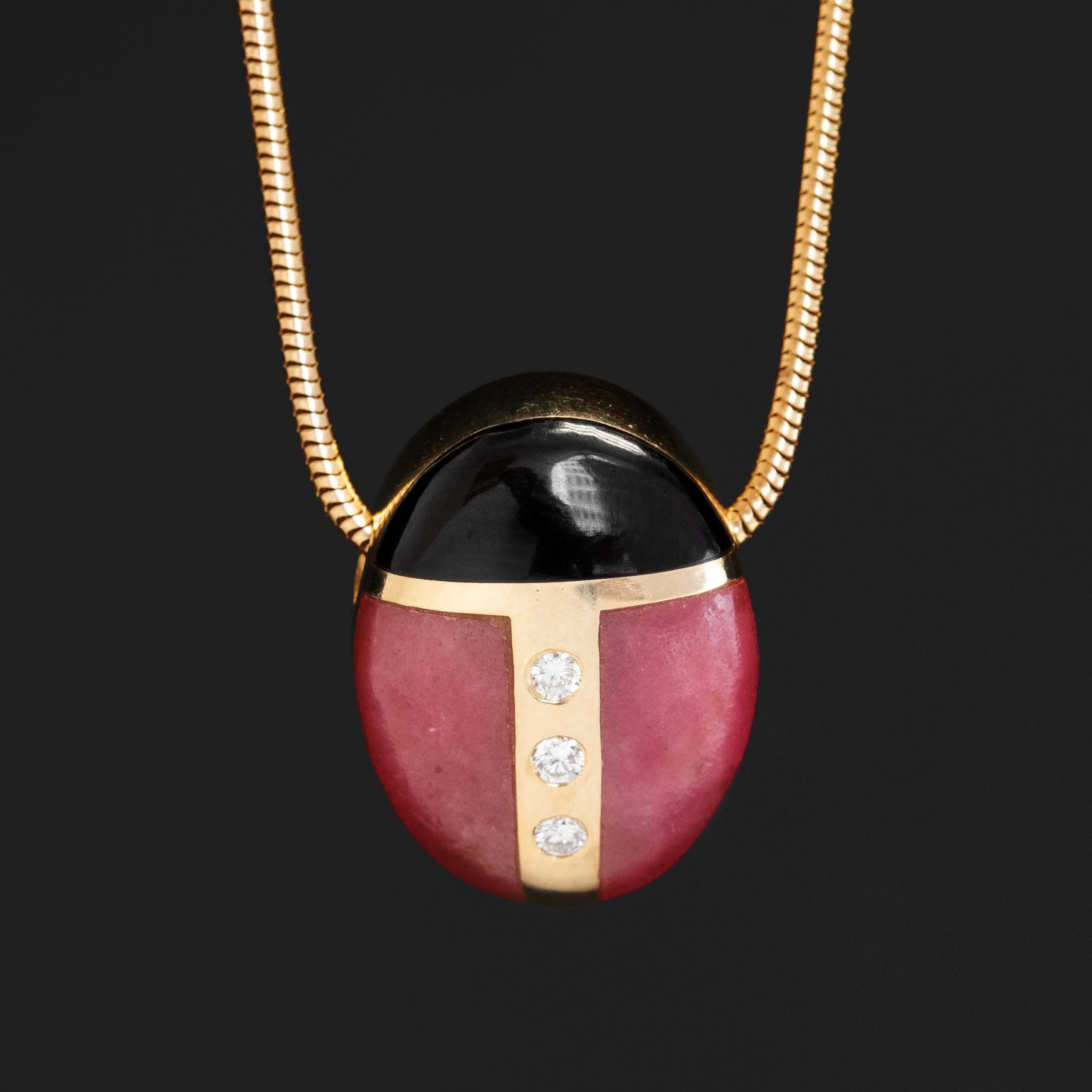 Vintage Diamond, Rhodochrosite & Onyx Ladybug Pendant