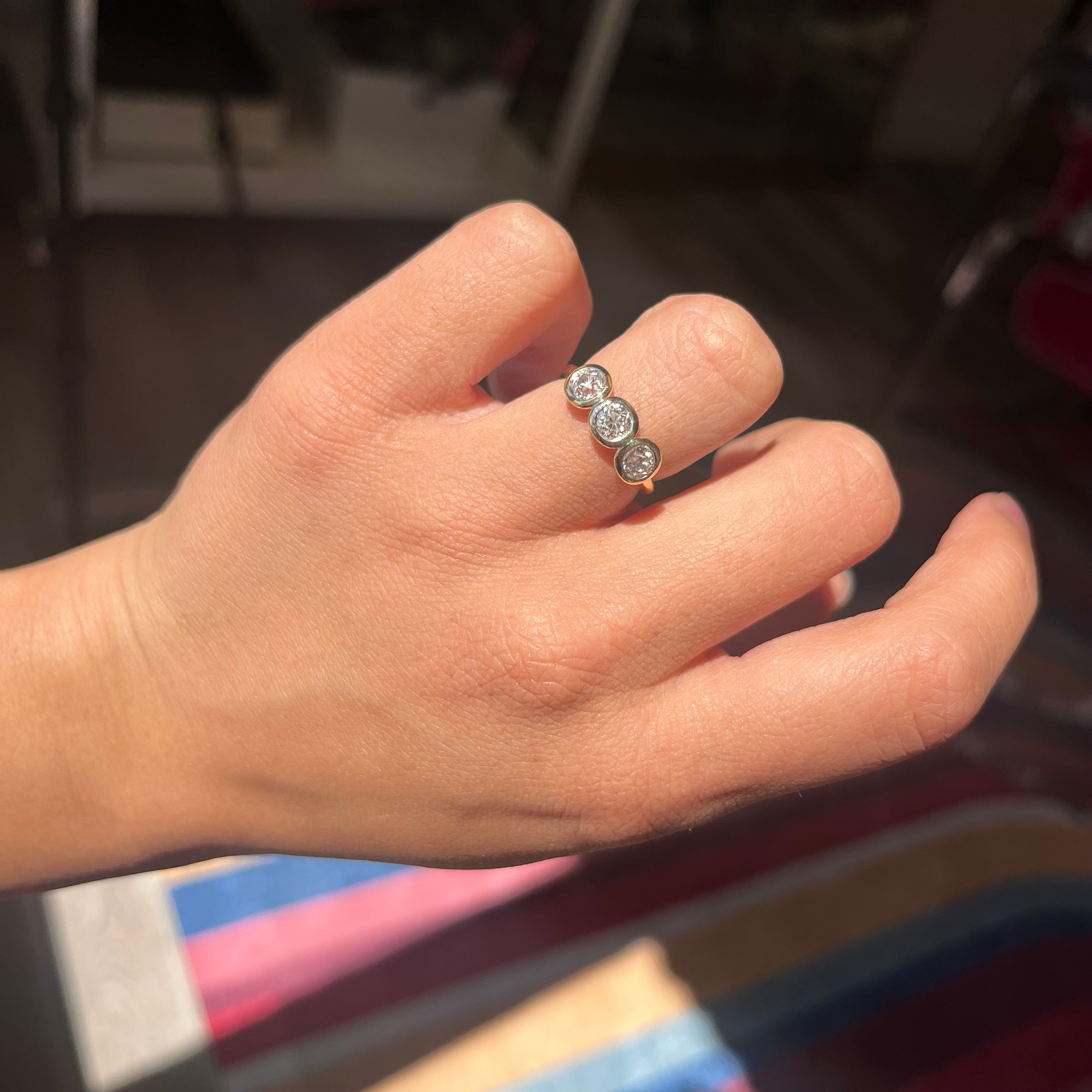 1.09ctw Old European Cut Diamond Bezel Trilogy Ring