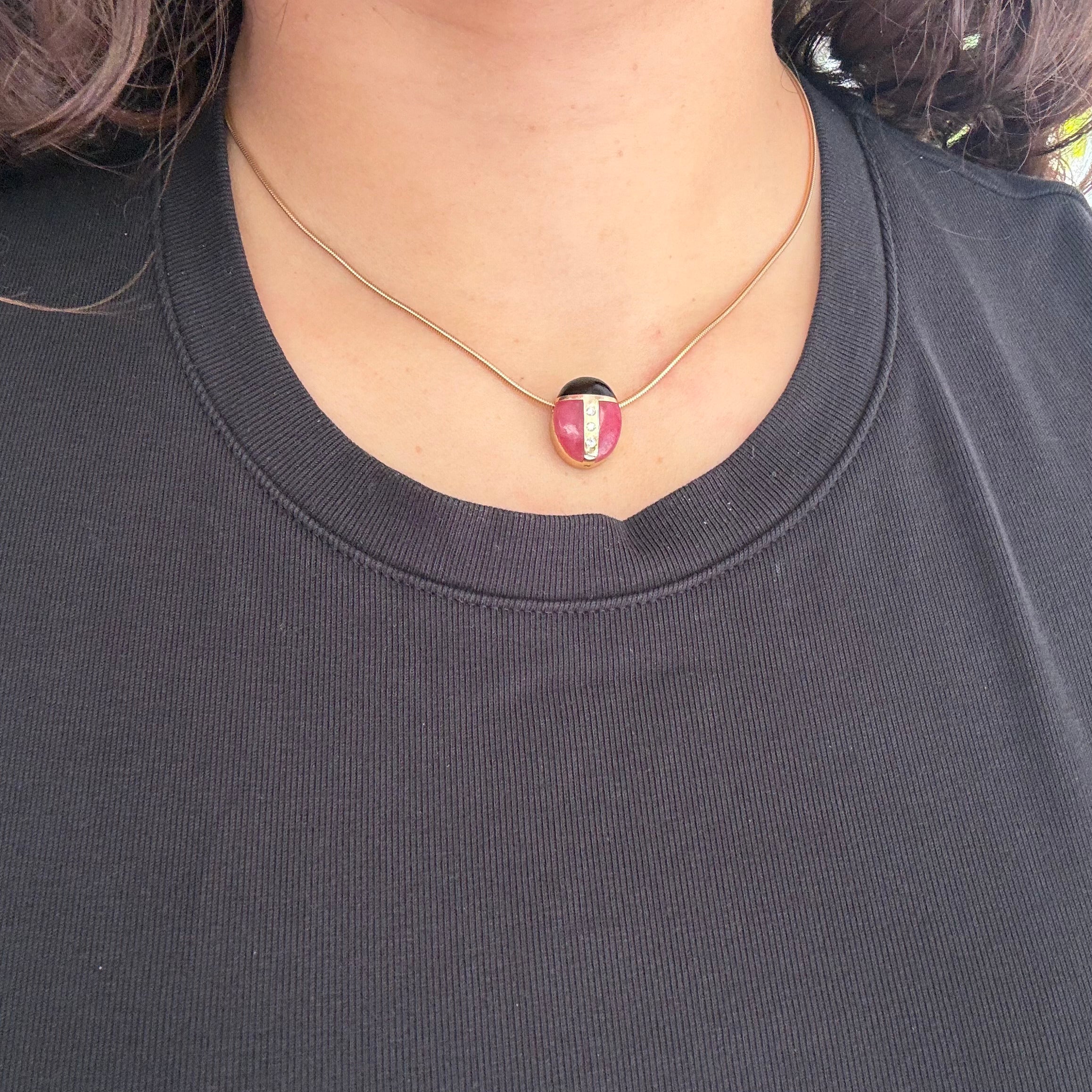 Vintage Diamond, Rhodochrosite & Onyx Ladybug Pendant