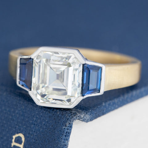 2.66ct Asscher Cut Diamond & Sapphire Trilogy Ring, GIA M SI2