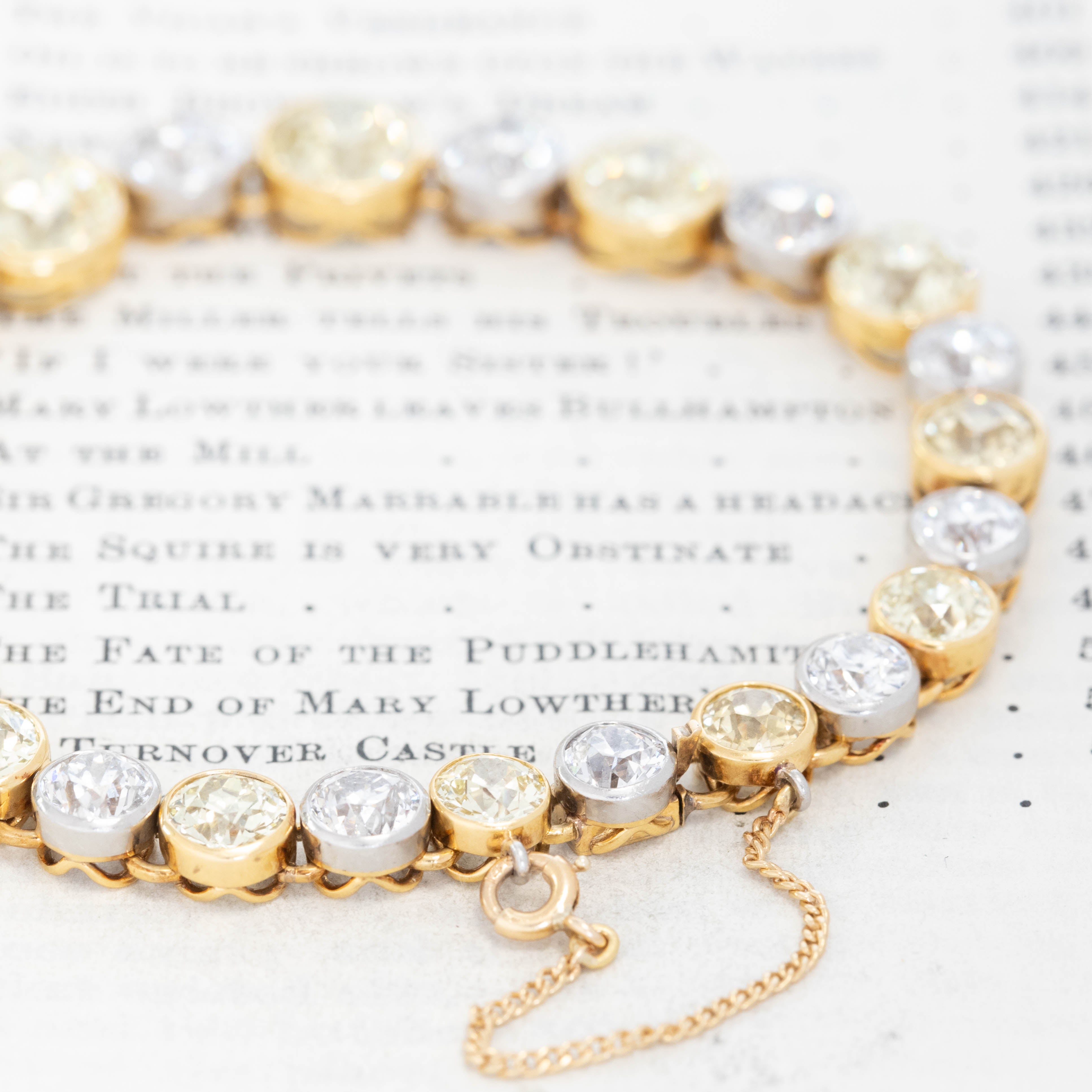 Original gold safety chain and clasp detail on antique Black Starr and Frost diamond bracelet from the Bunny Mellon estate collection