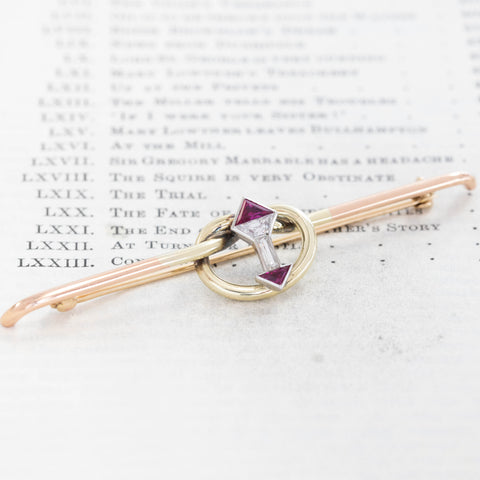 Vintage Two-Tone Diamond & Ruby Lover's Knot Brooch