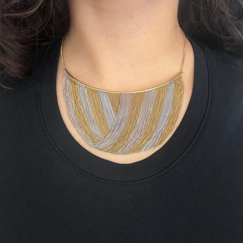 Vintage Gold Bib Fringe Necklace, Italian